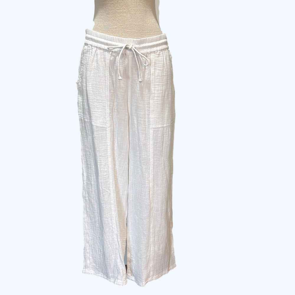 Lucky Brand sz L white 100% cotton gauzy elastic waist wide leg pants NWT